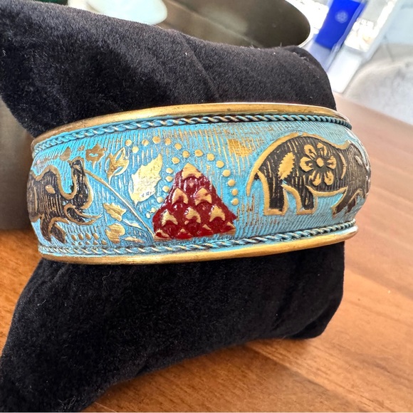 Artisan Nepal Brass Painted Elephant Cuff Bracelet - Picture 4 of 7